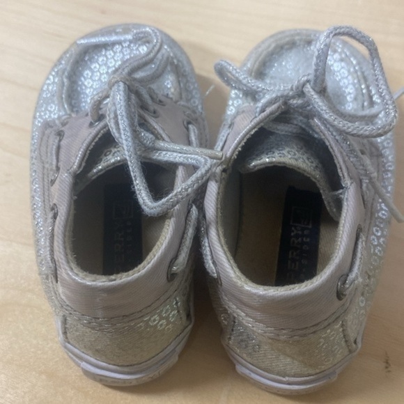 Sperry Topsider Silver Sparkle Sequin Lace Up Bahama Crib Jr Boat‎ Shoes Baby 4M - Picture 3 of 5